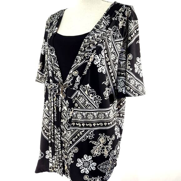 JM Collection Top Size XL Print Tunic Black Gold White Metal Waist Accent Flowy - Picture 1 of 12